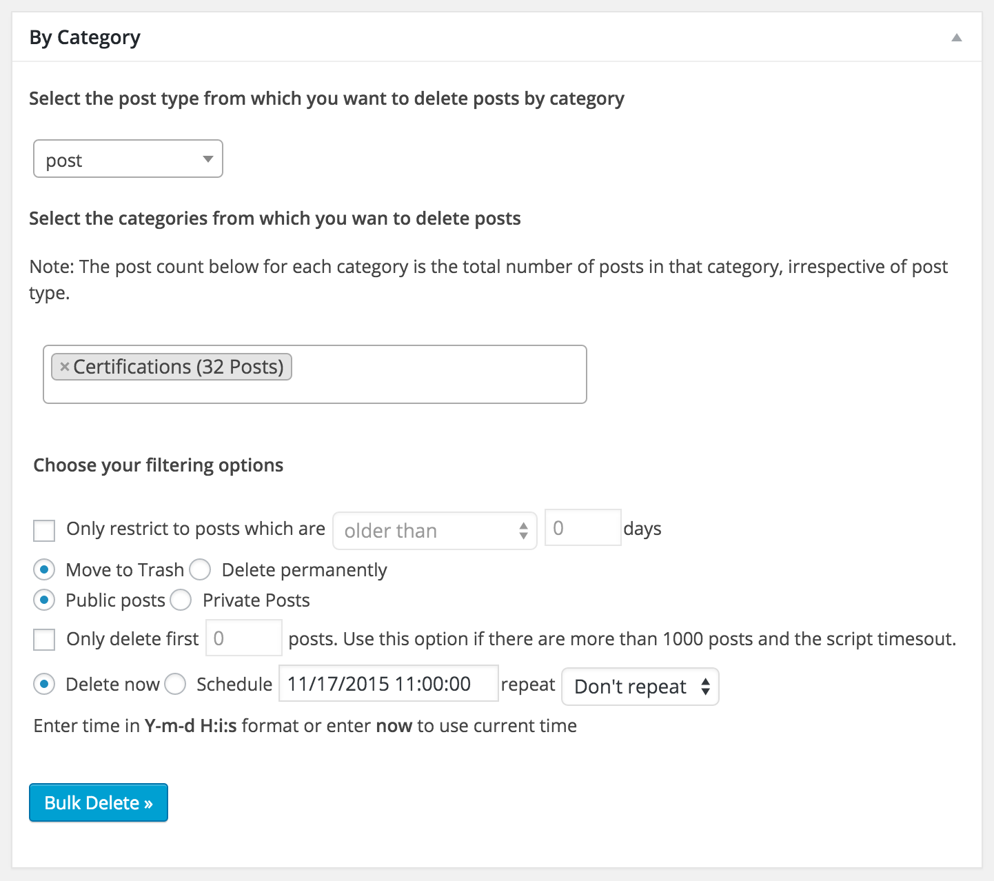 The above screenshot shows how you can delete pages by status. You can choose between published pages, draft pages, pending pages, scheduled pages and private pages.