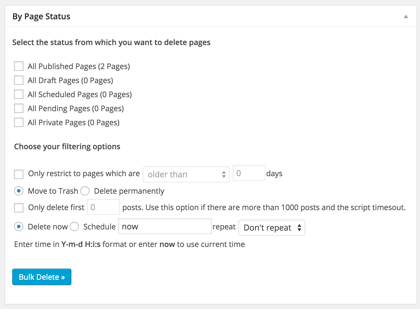 The above screenshot shows how you can enable/disable different sections in the delete users page of the Plugin.