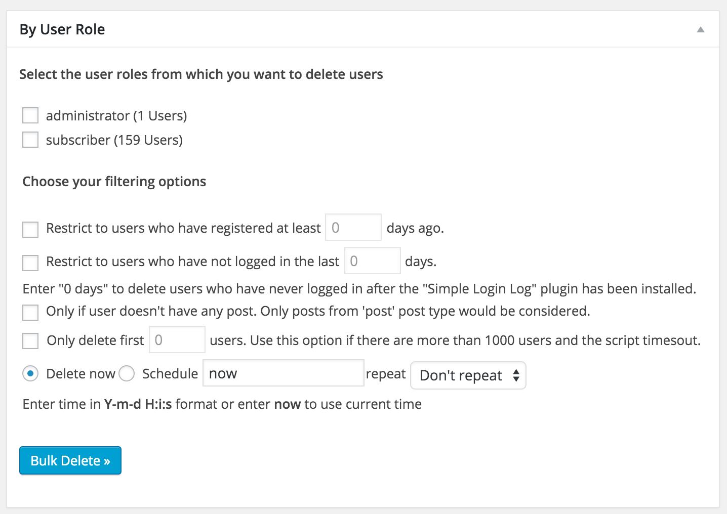 The above screenshot shows how you can enable/disable different sections in the delete meta fields page of the Plugin.