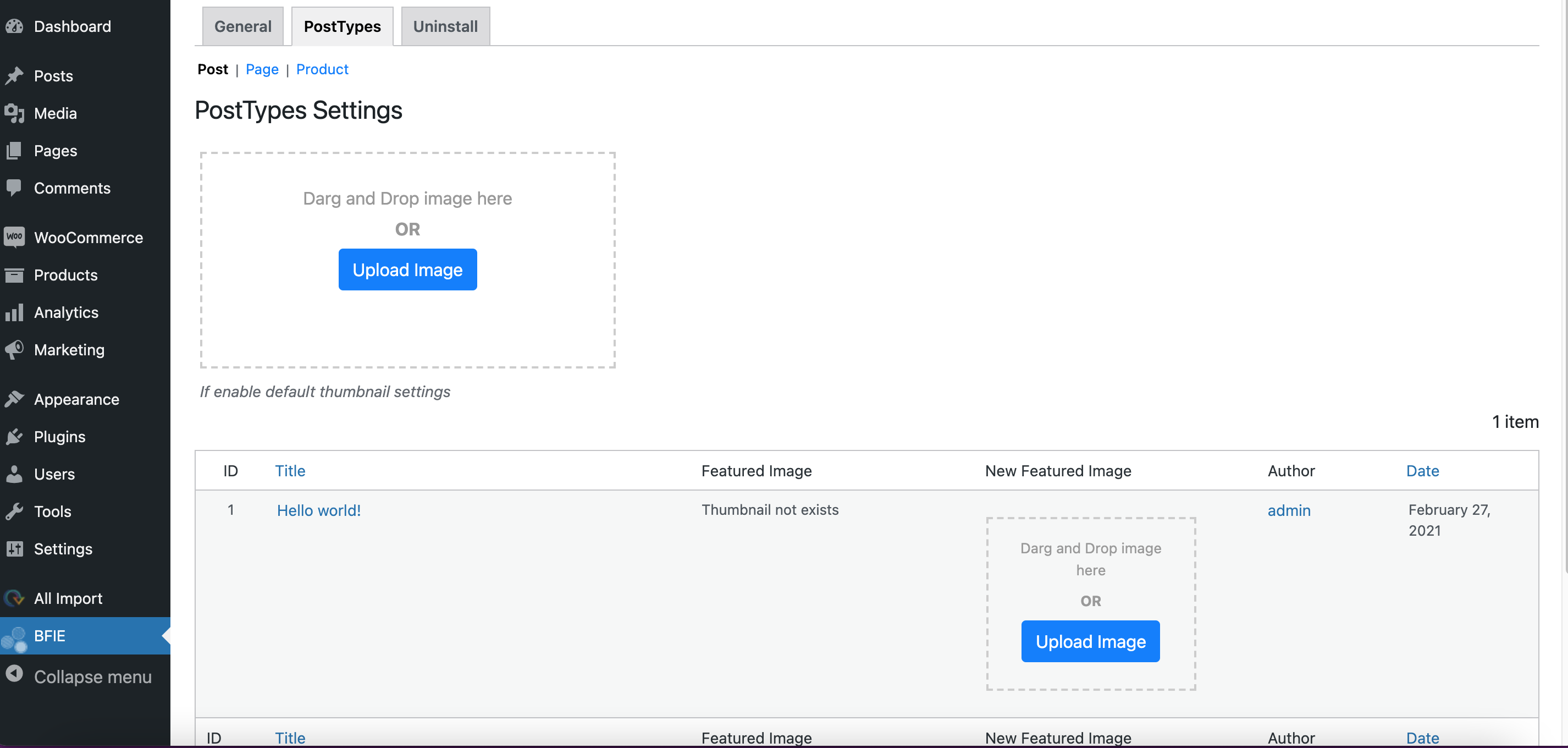 Post type settings page.