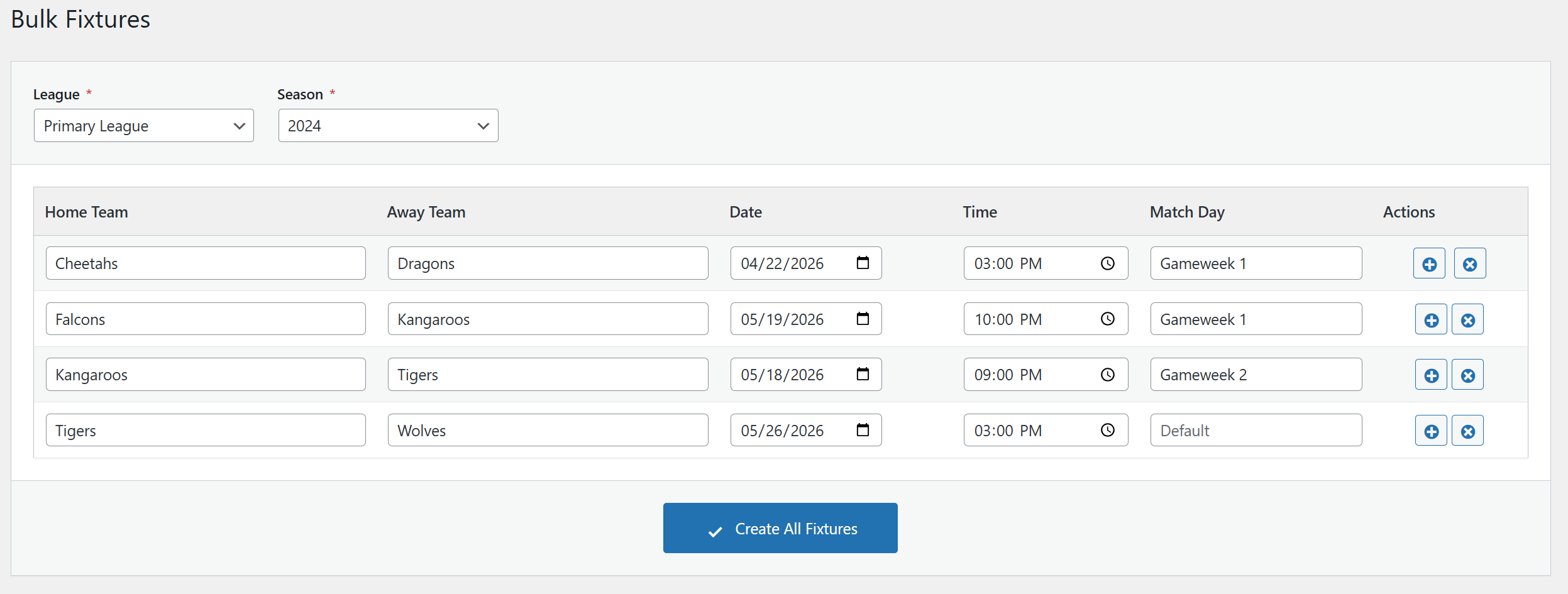 Adding multiple fixtures with the grid interface