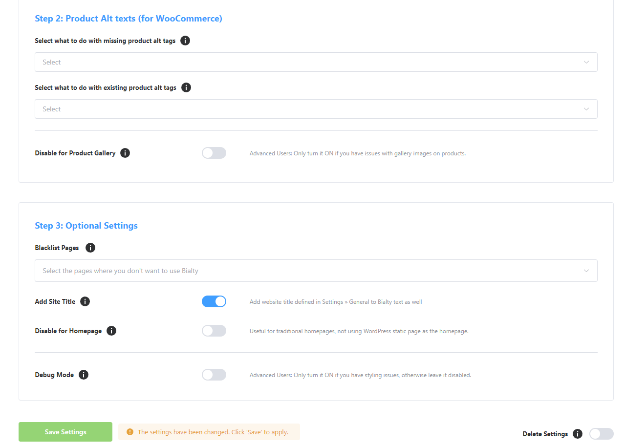 Advanced options — WooCommerce settings, blacklist, site title, and gallery controls