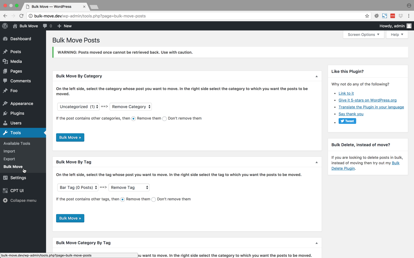 This screenshot shows the Bulk Move Page. You can access the various Bulk Move modules here.