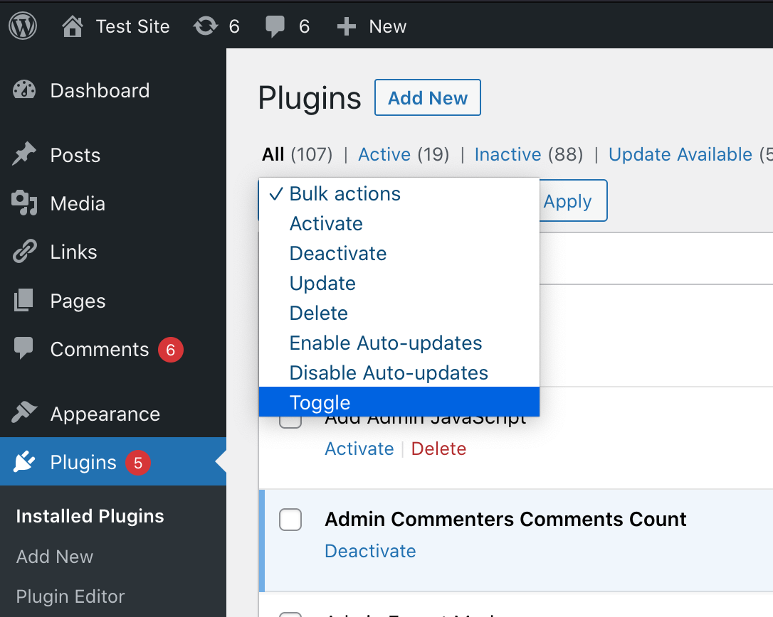 The "Toggle" option in the "Bulk Actions" dropdown for the admin plugins listing.