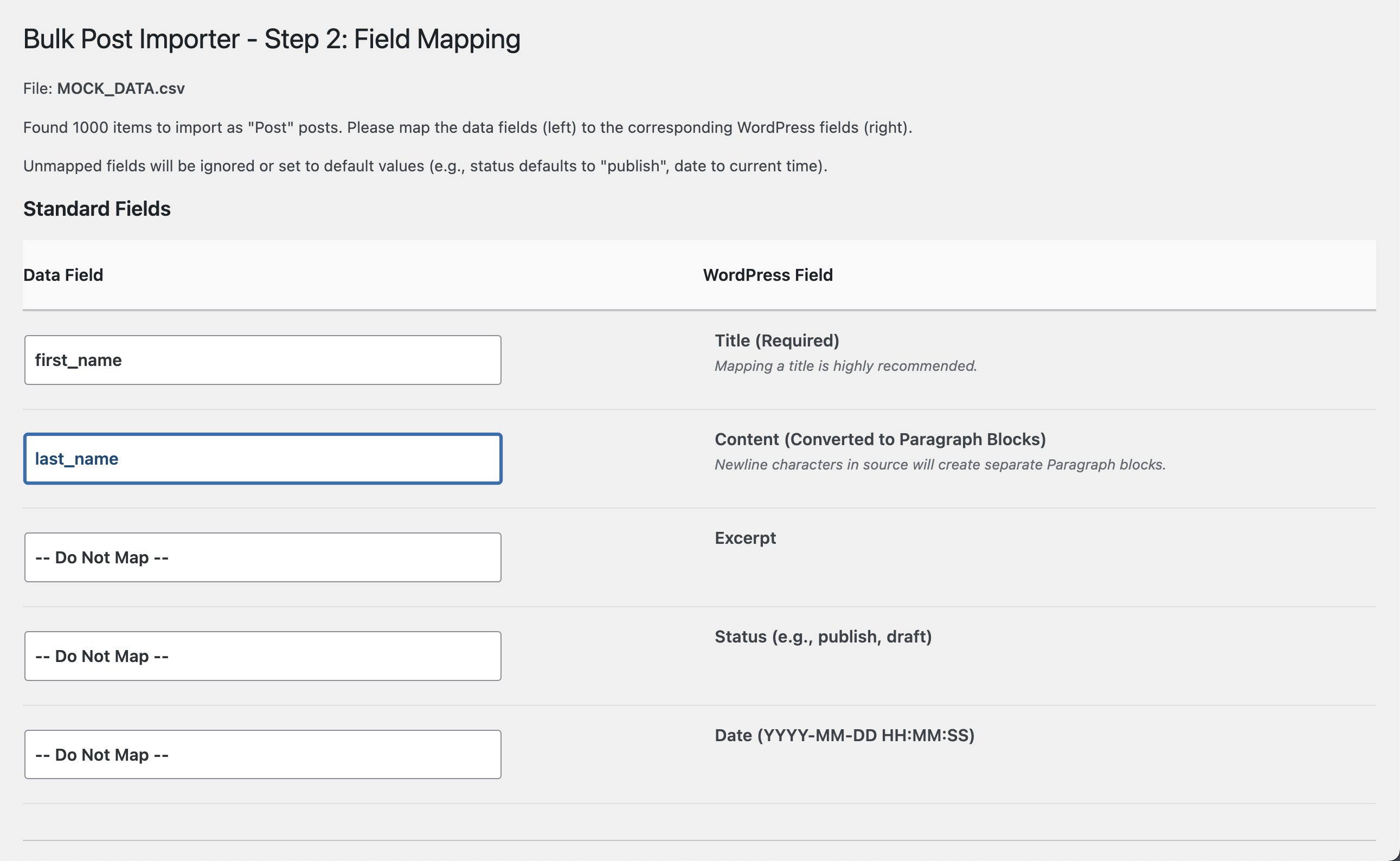 Field mapping interface - Map data fields to WordPress fields