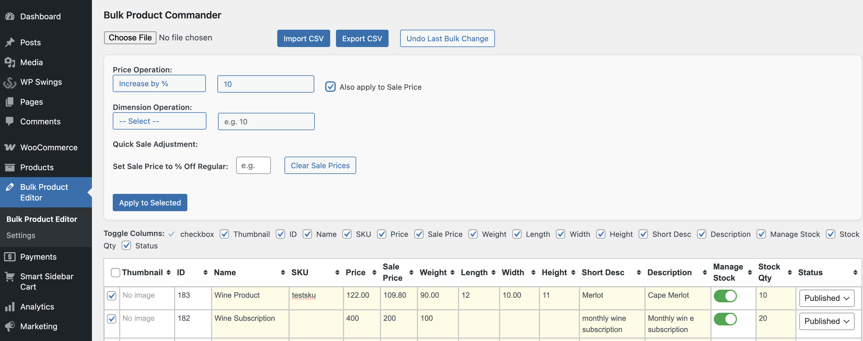 Bulk operations on selected products