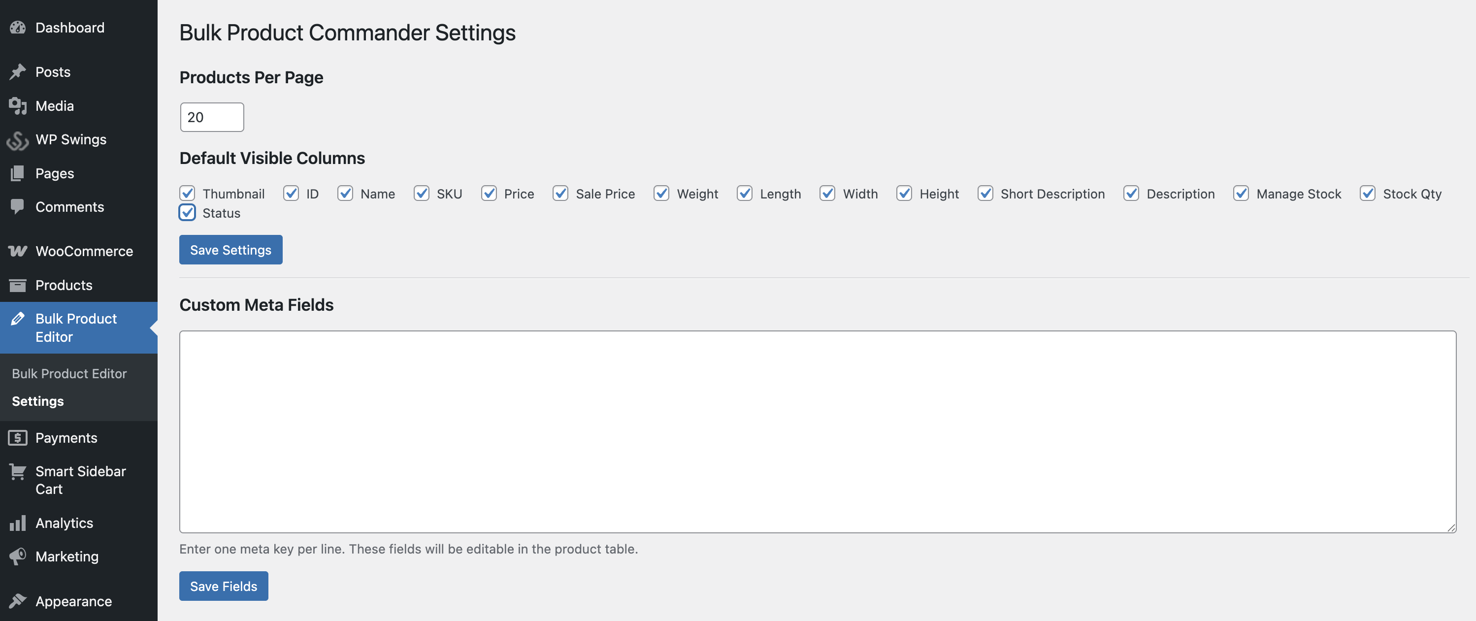Plugin settings page for managing custom fields and preferences