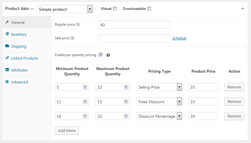 Product edit screen - Setting up quantity pricing