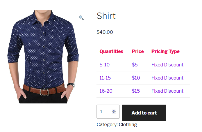 Frontend pricing table display on product page