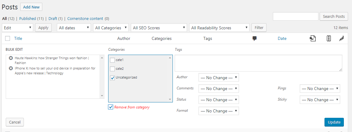 Bulk edit posts -> Remove from Category.