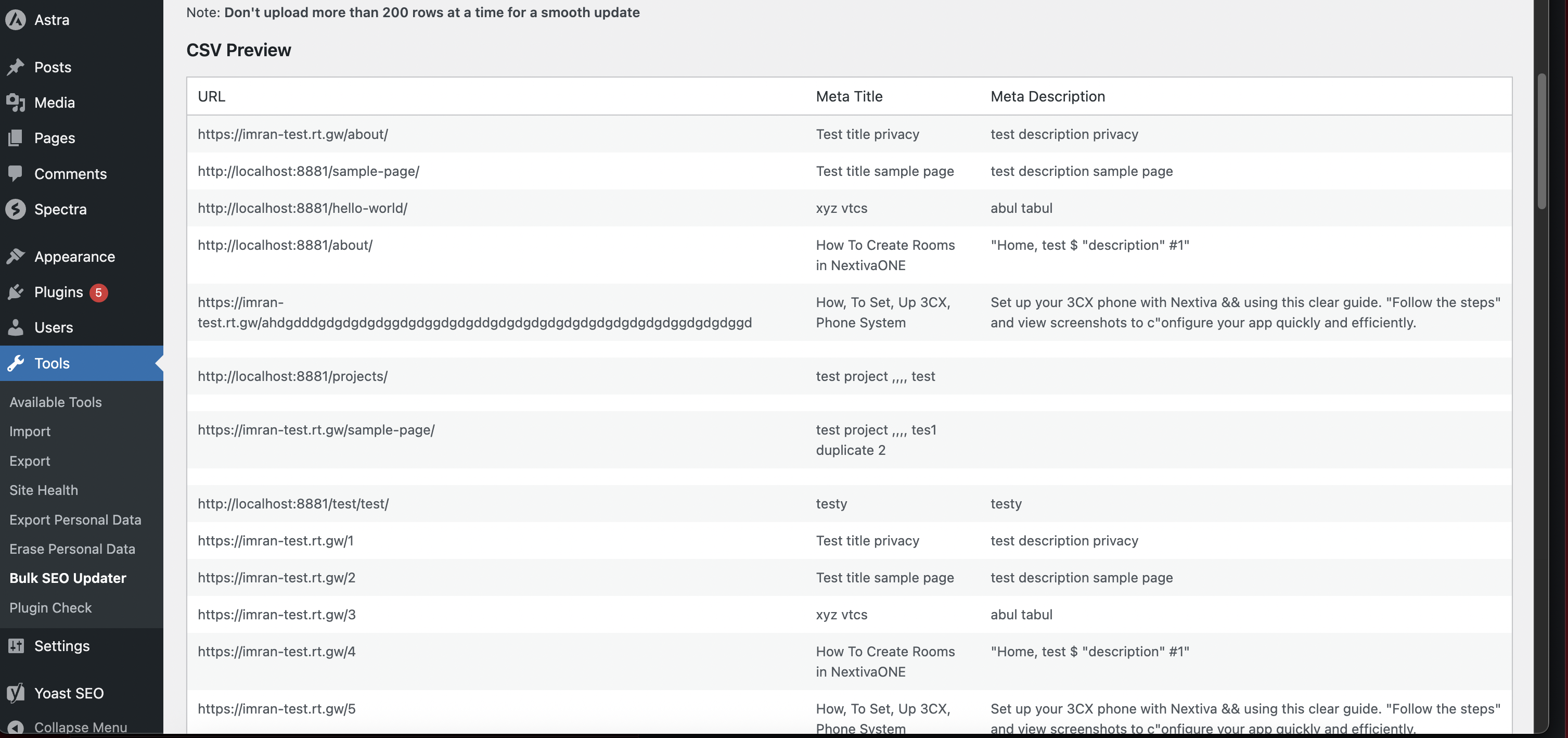 CSV file preview before import.