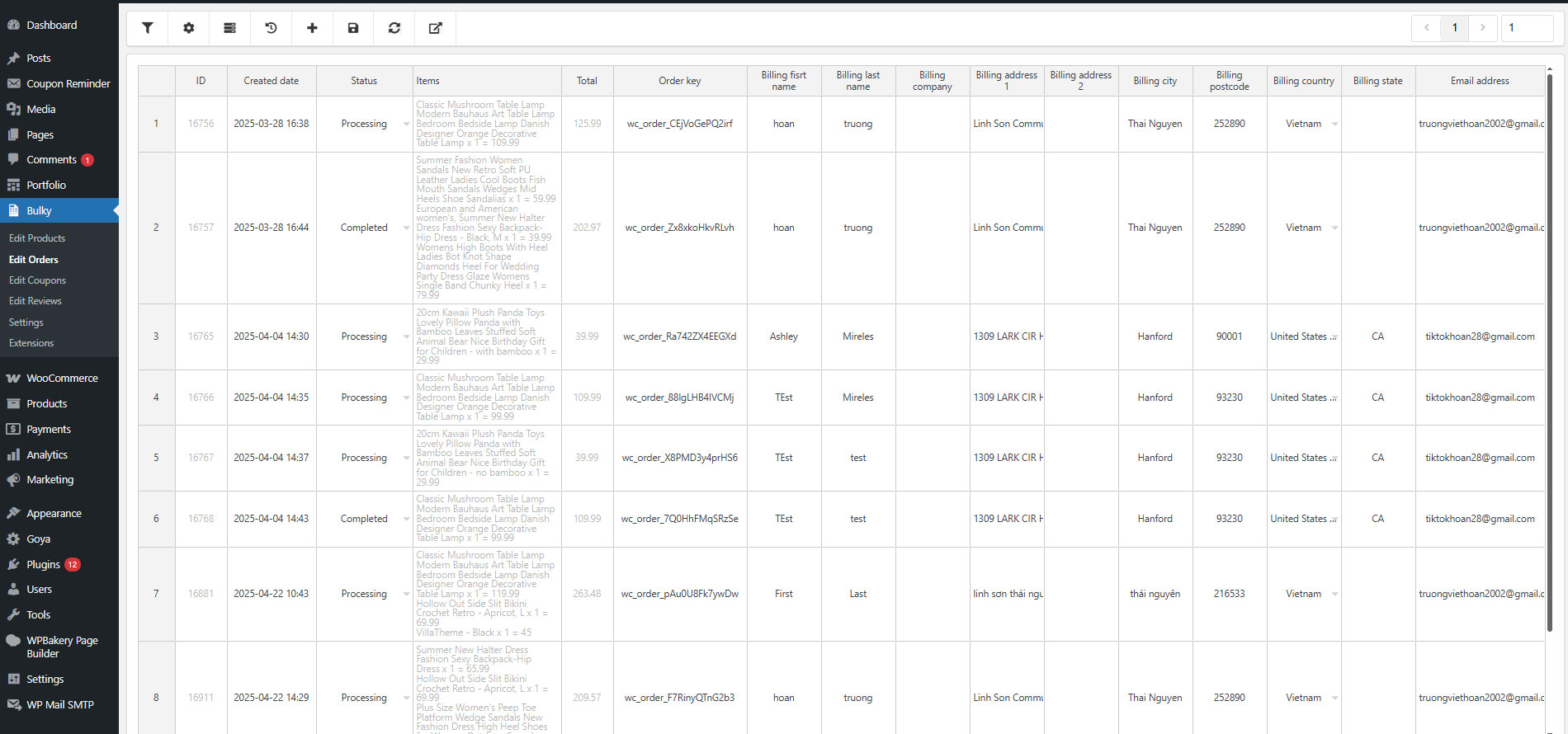 Bulk edit orders page