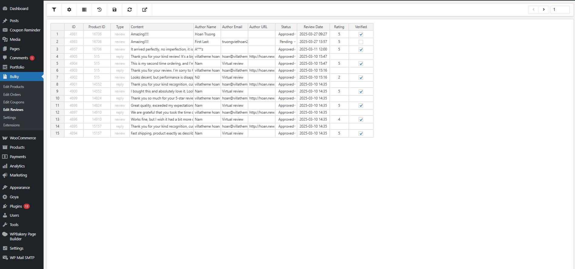 Bulk edit reviews page