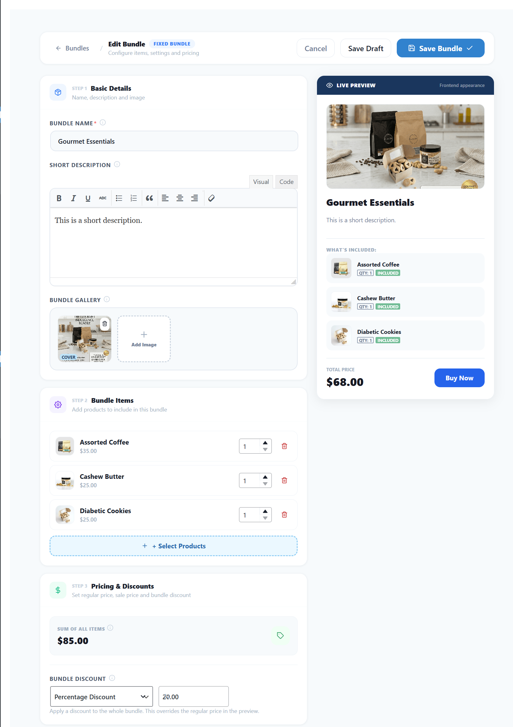 **Frontend Bundle Display:** See how a sleek, mobile-friendly bundle layout looks to your store customers.