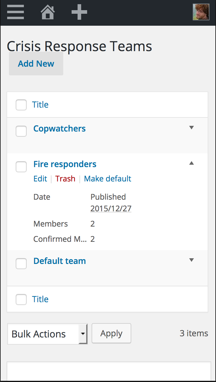 After installing and activating Buoy, each user can create one or more crisis response teams by selecting the "My Team" heading in the WordPress dashboard menu. The first team you create is your default team. This page shows an overview of your team(s), and includes information like how many people are on it, and whether or not it is defined as your default team. You can create teams for any purpose, including long-lived community support groups like volunteer fire or medical brigades, organized [CopWatch](https://www.thenation.com/article/heres-how-to-cop-watch/), or short-lived affinity groups for a single protest action.