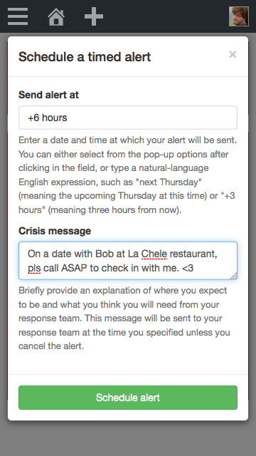 In addition to the chat room, behind the safety information window is also a real-time map. (The map can be accessed at any time by clicking or tapping the "Show Map" button. Tapping the same button again hides the map.) On the map, a red pin shows the initial location of the device that sent out the alert. Your profile's gravatar shows your current position. As responders respond to your alert, their gravatars will also be added to the map.