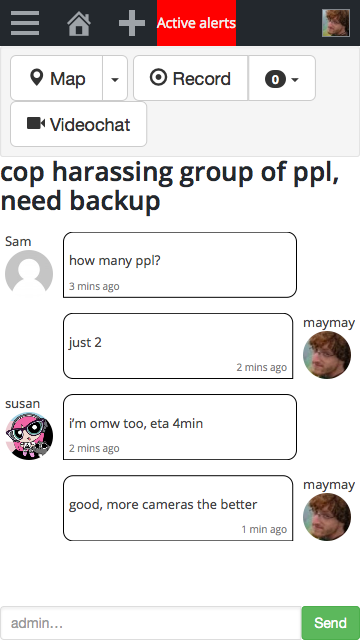 The alerter and all current responders become aware of new responders as they are added to the chat room and the map. As people involved in the incident move in the physical world, the map shown to each of the other people also updates in near real time. Clicking on any of the user icons on the map reveals one-click access to both turn-by-turn directions to their location and one-click access to call them from your phone, Facetime, Skype, or other default calling app.