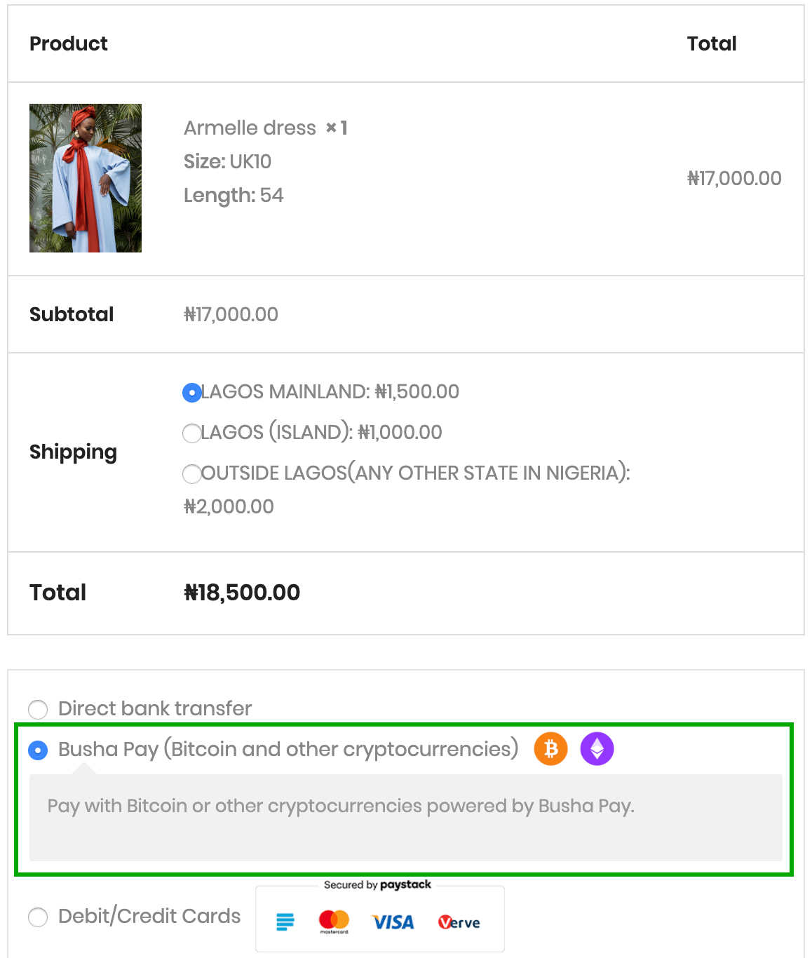 Busha Pay payment gateway on checkout page