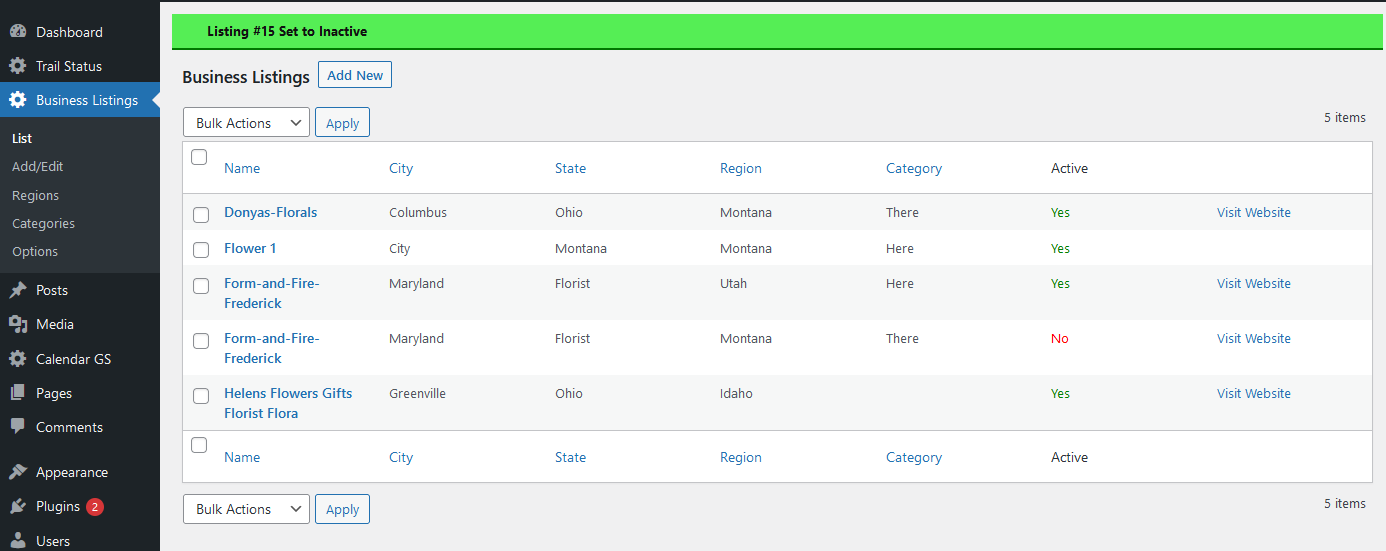 Main admin page showing the listings.