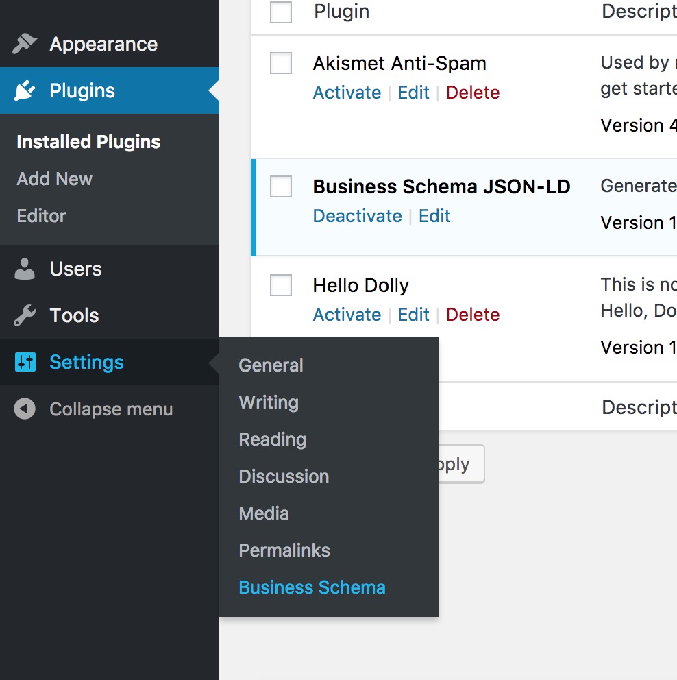 Location of Business Schema Settings Page