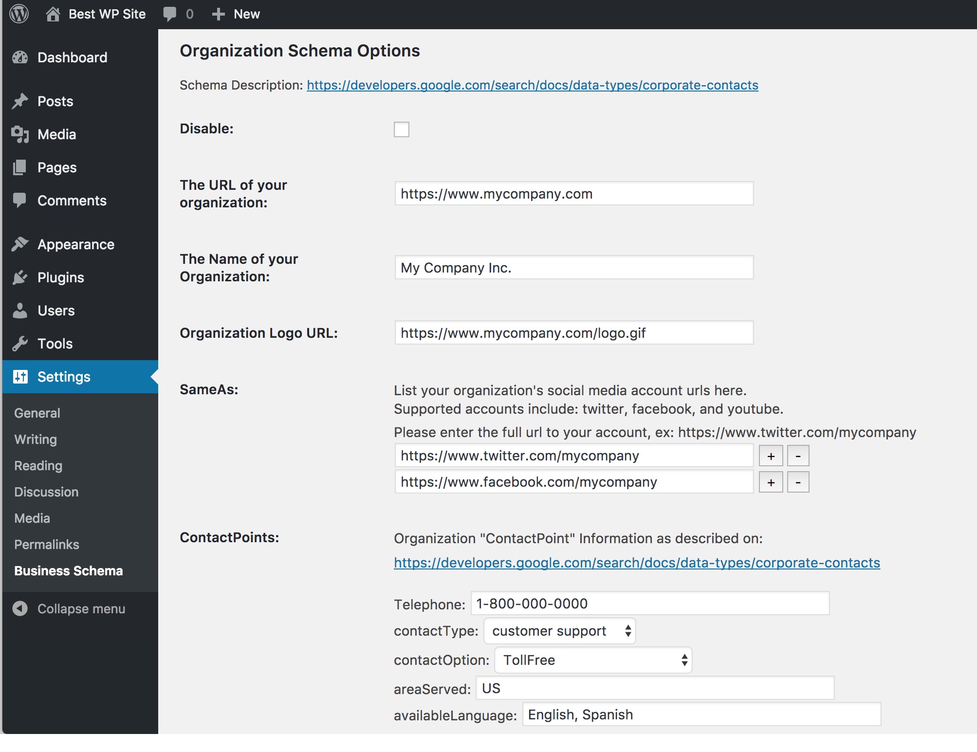 Business Schema Settings Page. Configure site wide settings.