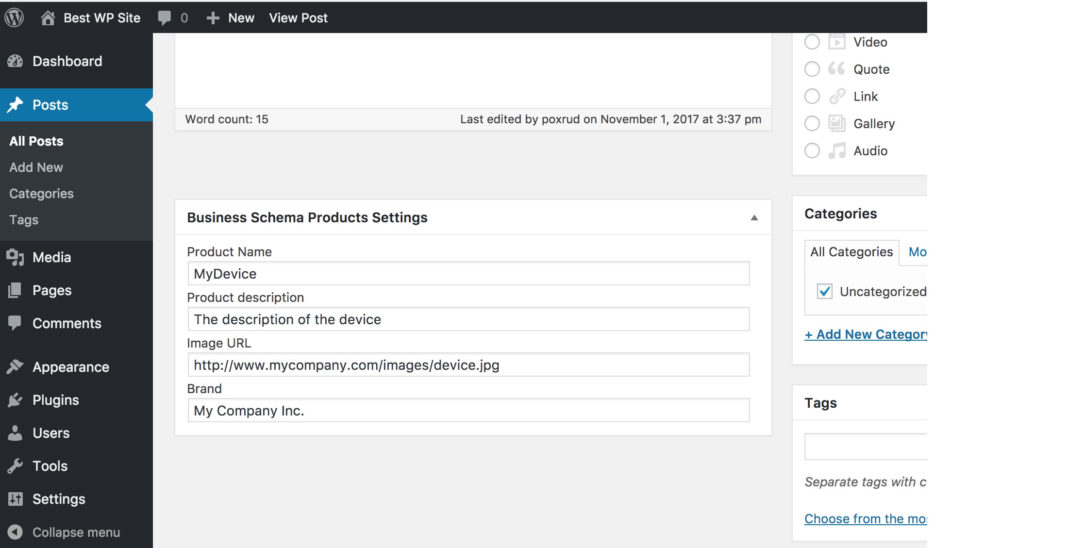 Business Schema Products Settings box for individual product settings