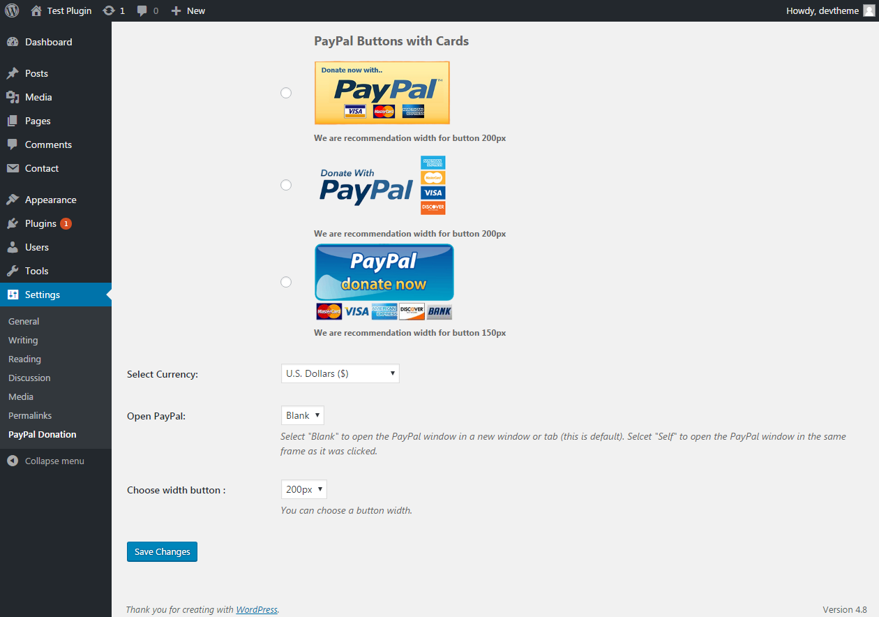 Screenshot of option page of PayPal Donation Button