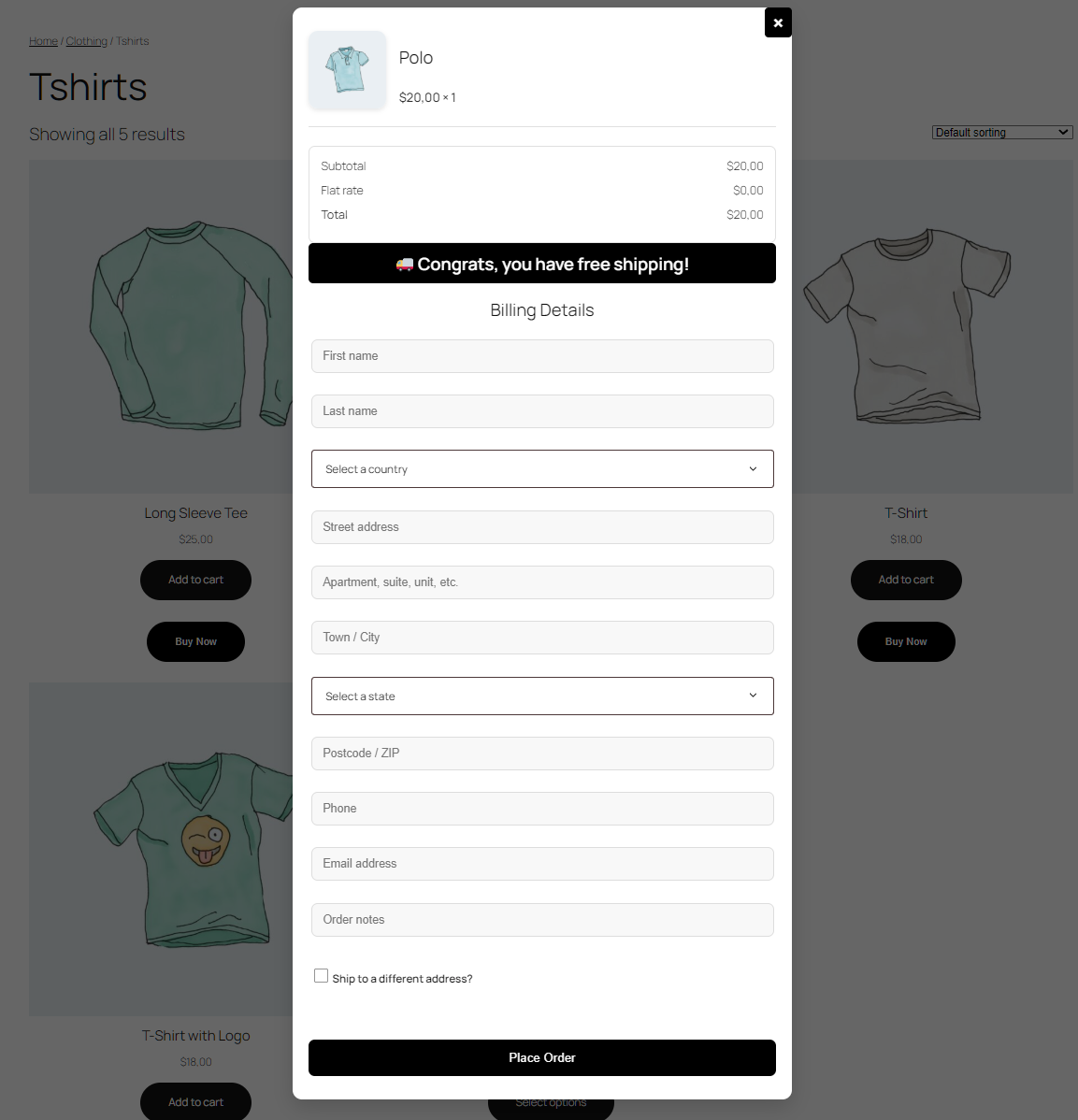**Frontend Popup**: A sleek checkout popup triggered by the Buy Now button.