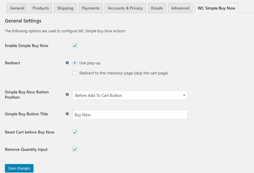 WP Admin > WooCommerce > Settings > Buy Now.