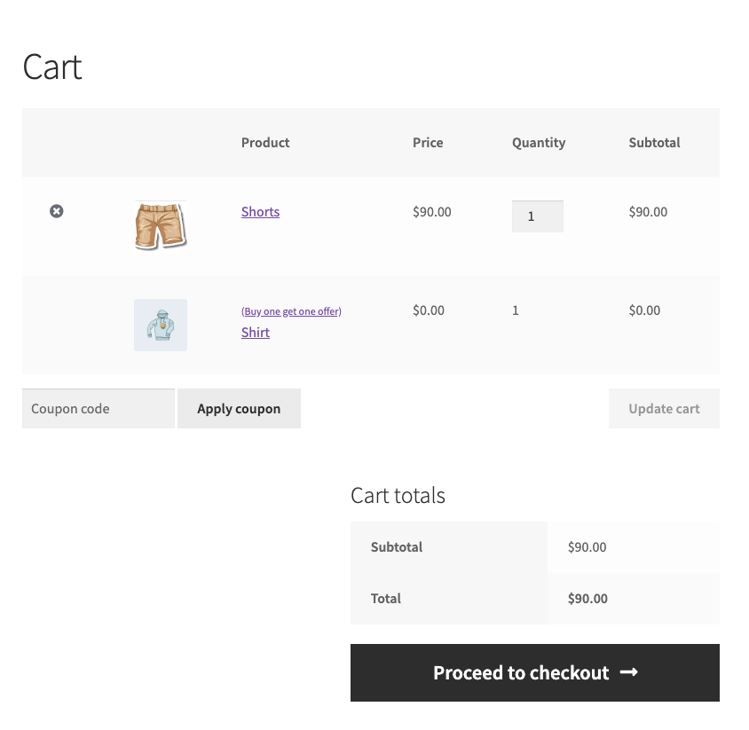 The front end of the website showing how the customers cart will look