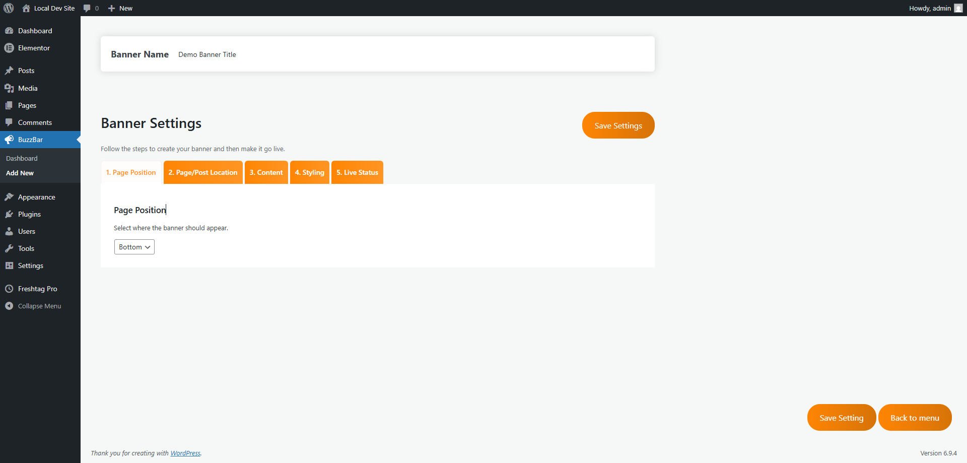 Add/Edit banner settings screen