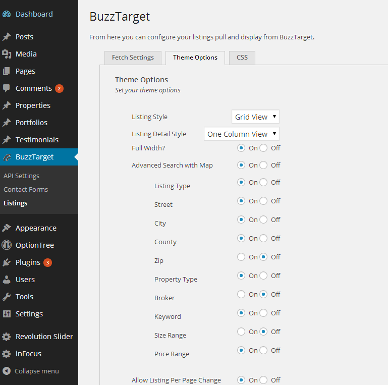 WP-Admin Listings Configuration Page.