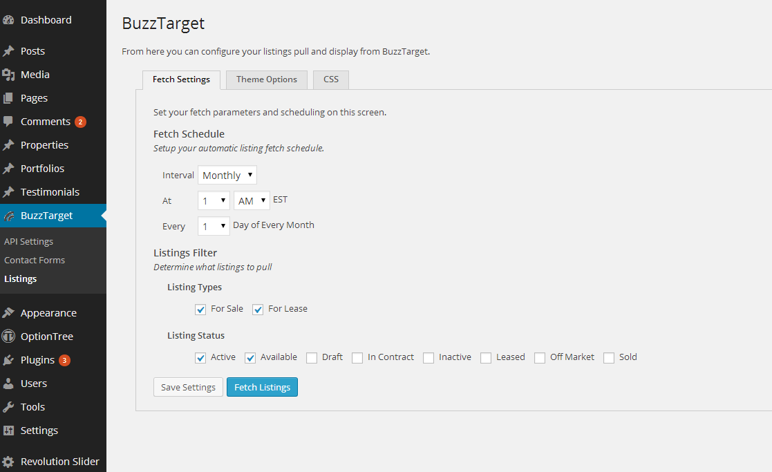 WP-Admin Listings Fetch Page.