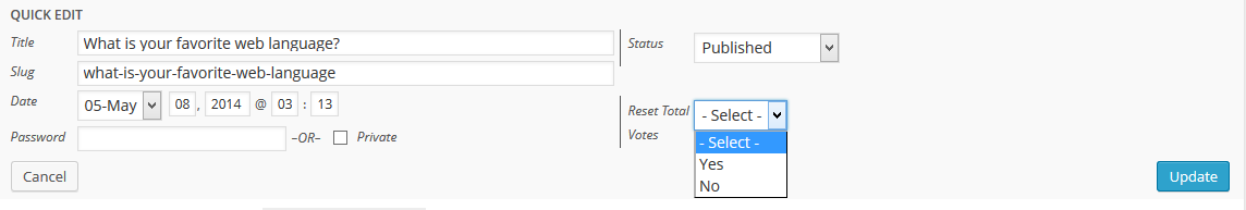 Reset votes using quick edit method.