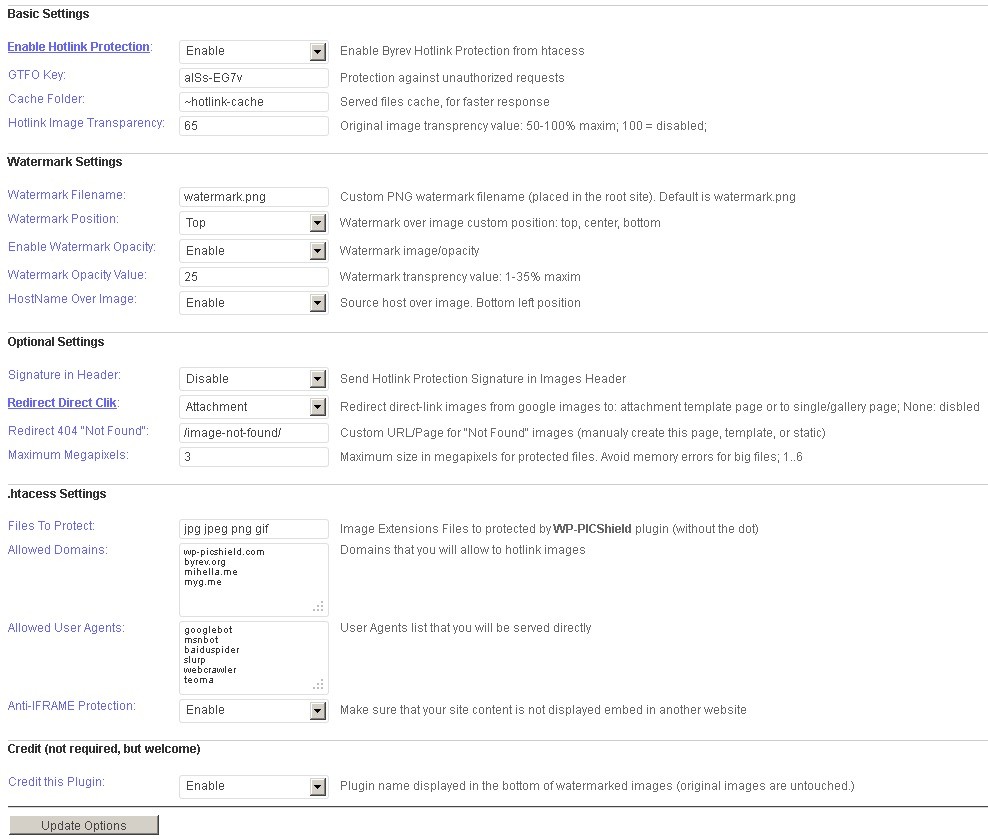Screenshot **Settings -> WP-PICShield (ByREV)** Config