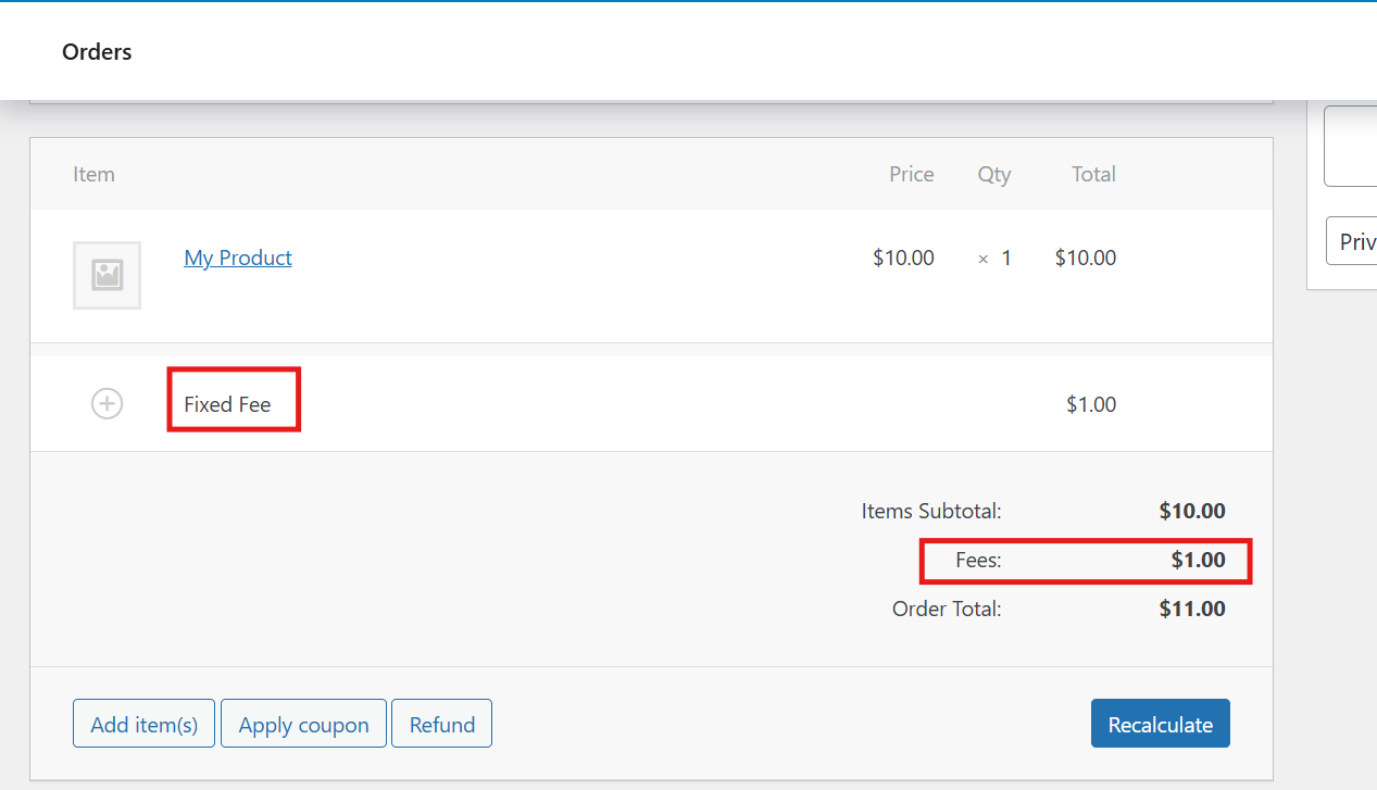 Create or Edit Order: The fixed fee is added automatically in the order totals.