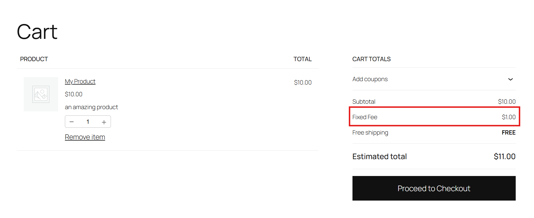 Order totals display: The fixed fee appears in the order summary (cart, checkout, and order details).