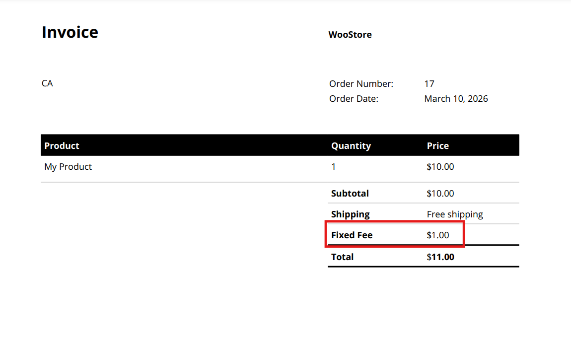 Invoice or PDF Invoice page: The fixed fee appears in the invoice order summary (when an invoice plugin is installed).