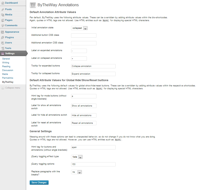 Plug-in settings in the admin backend of WordPress.