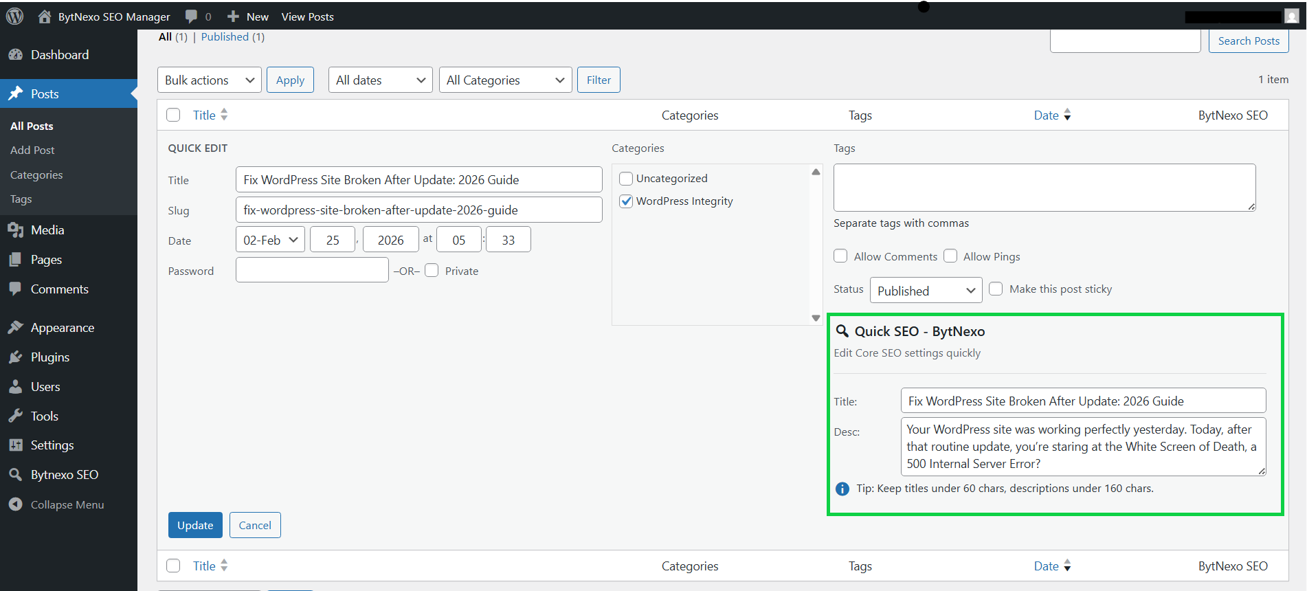 **Quick Edit Interface** - Bulk edit SEO from post listings