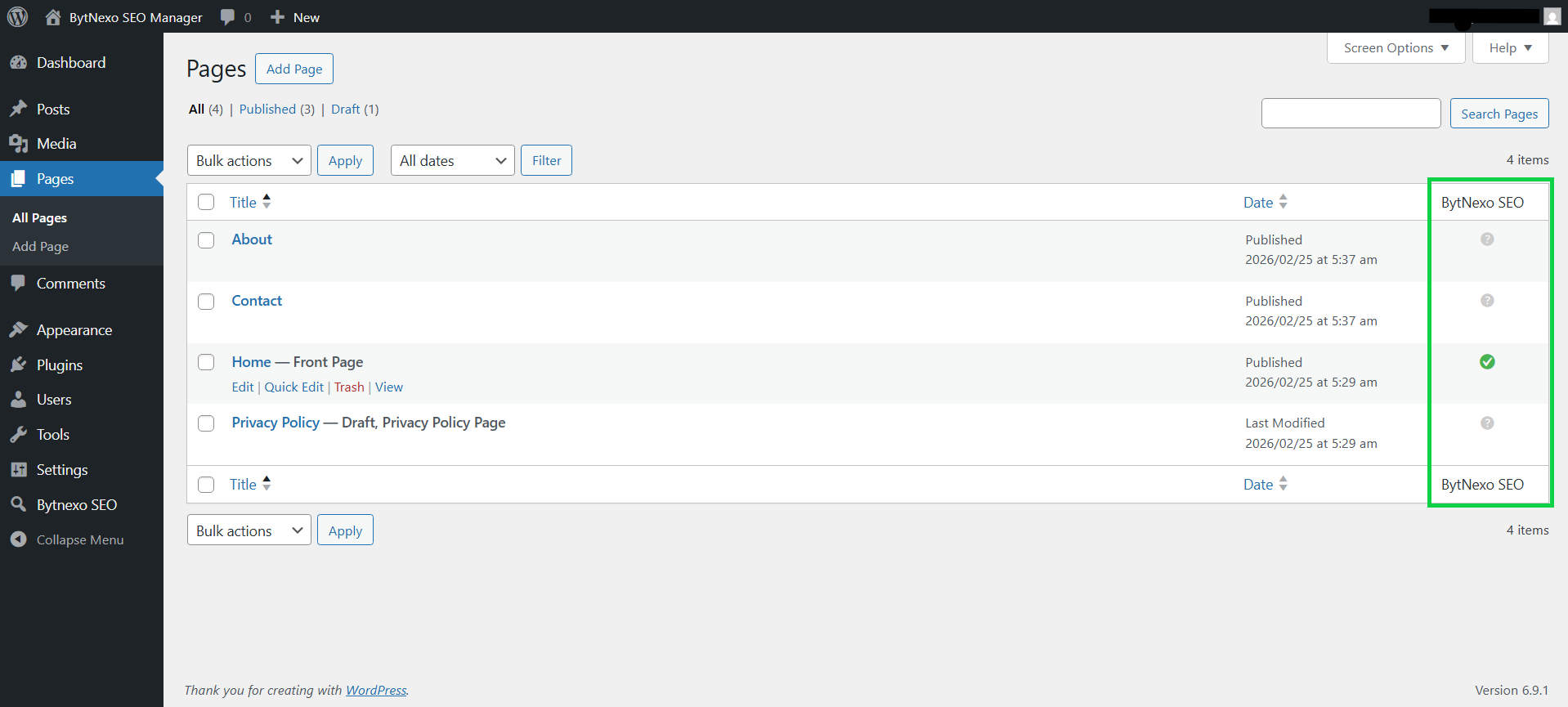 **Admin Columns** - SEO status indicator in post lists (green check for custom SEO)