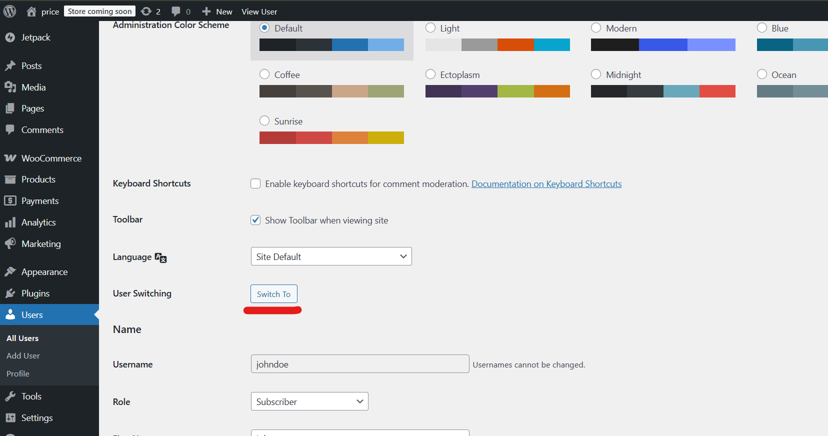 Switch option in user profile edit screen