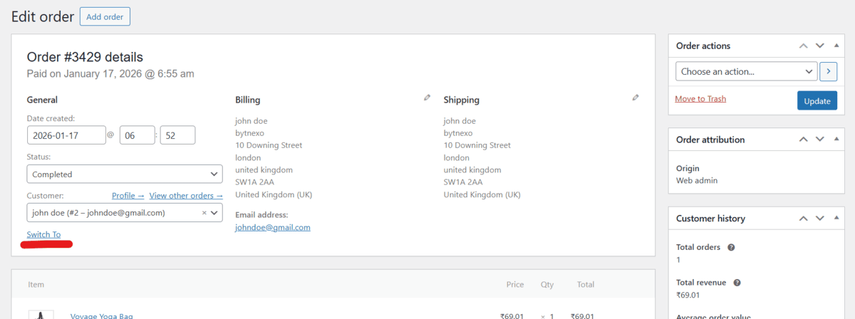 Switch to Customer button in WooCommerce orders
