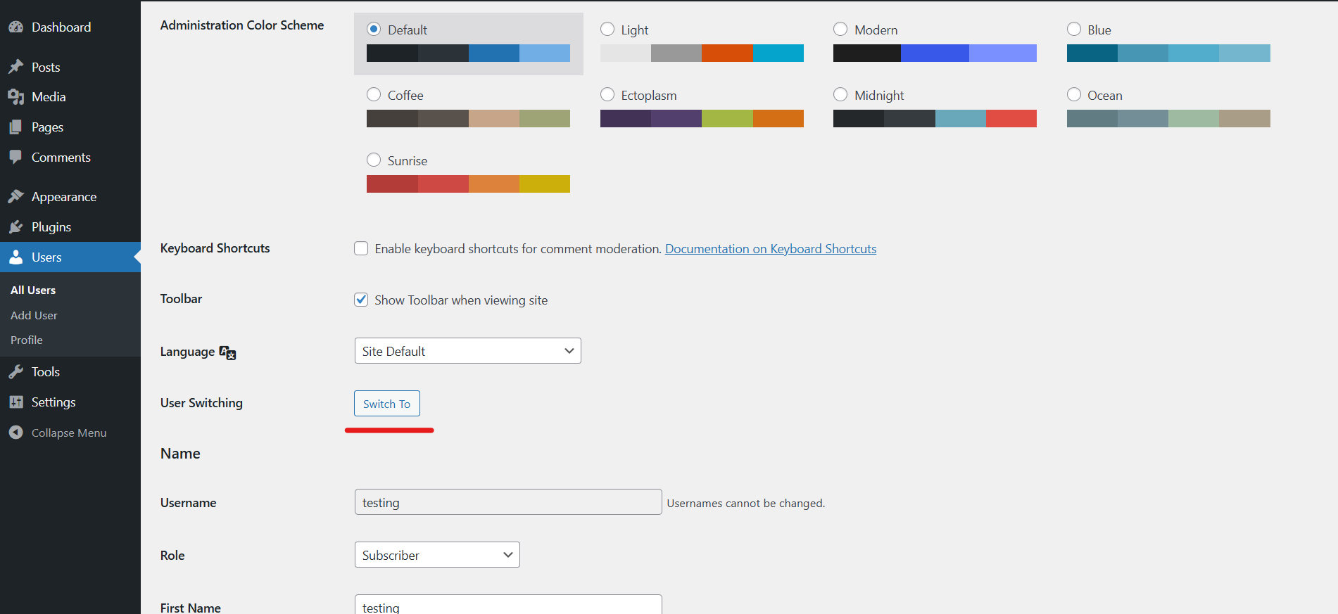 Switch option in user profile edit screen.