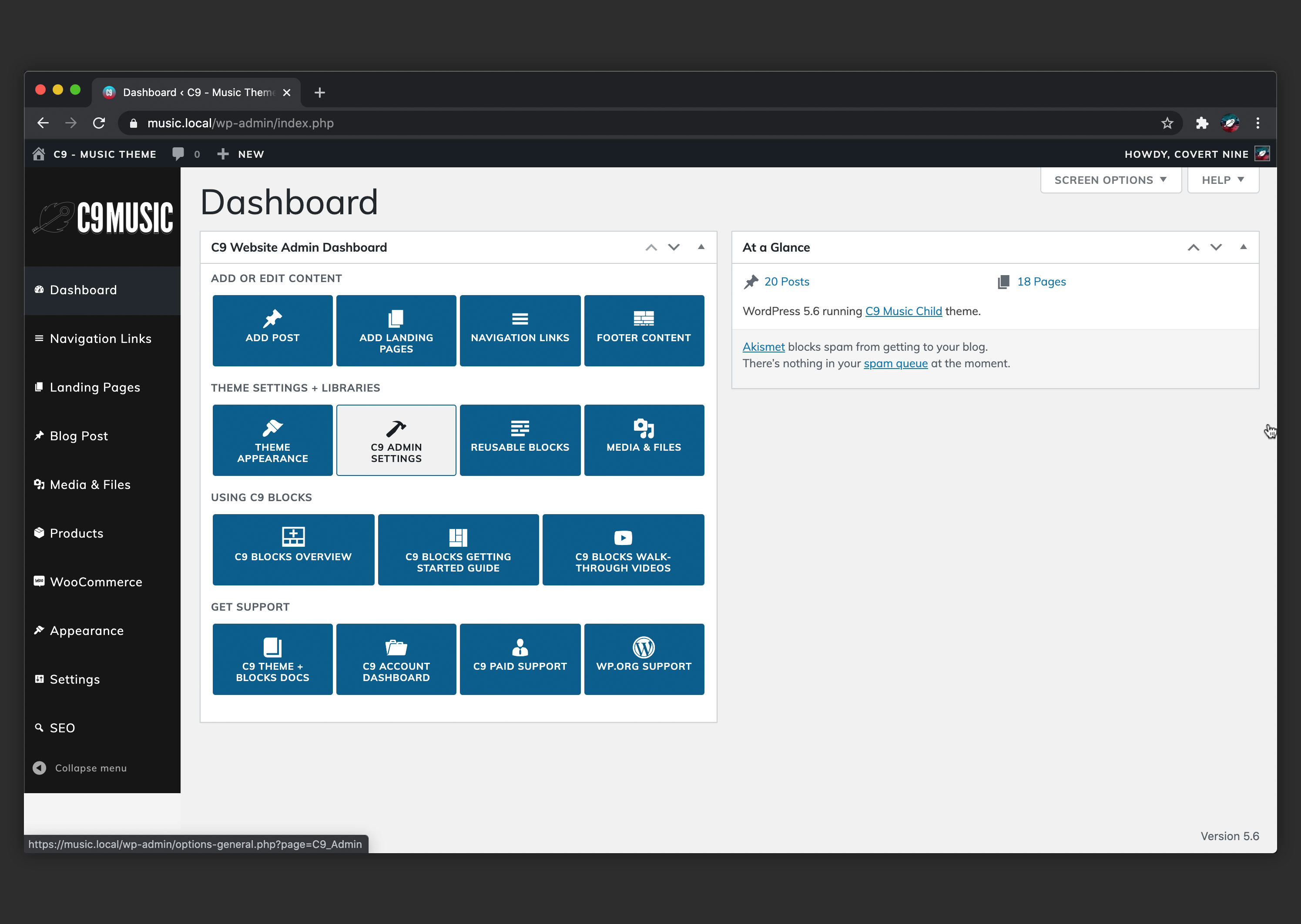 C9 Admin Dashboard screen with C9 Music theme