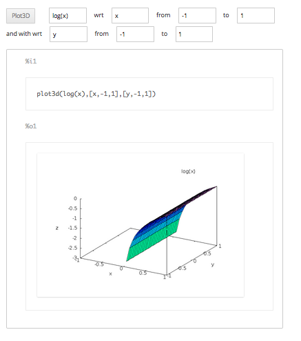plot3D screenshot of log(x) on (-1,1)