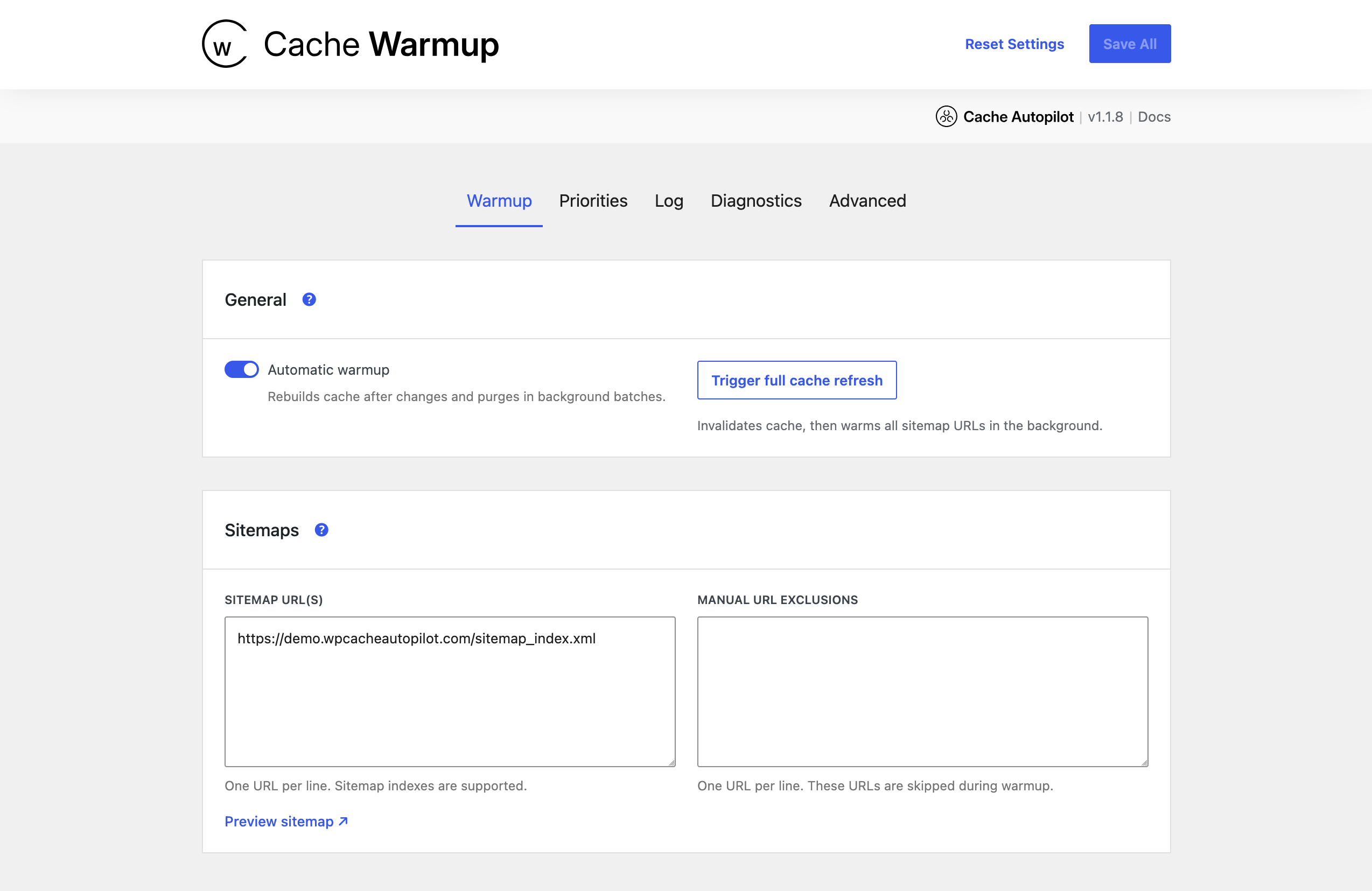 Adding a sitemap XML in Cache Warmup settings