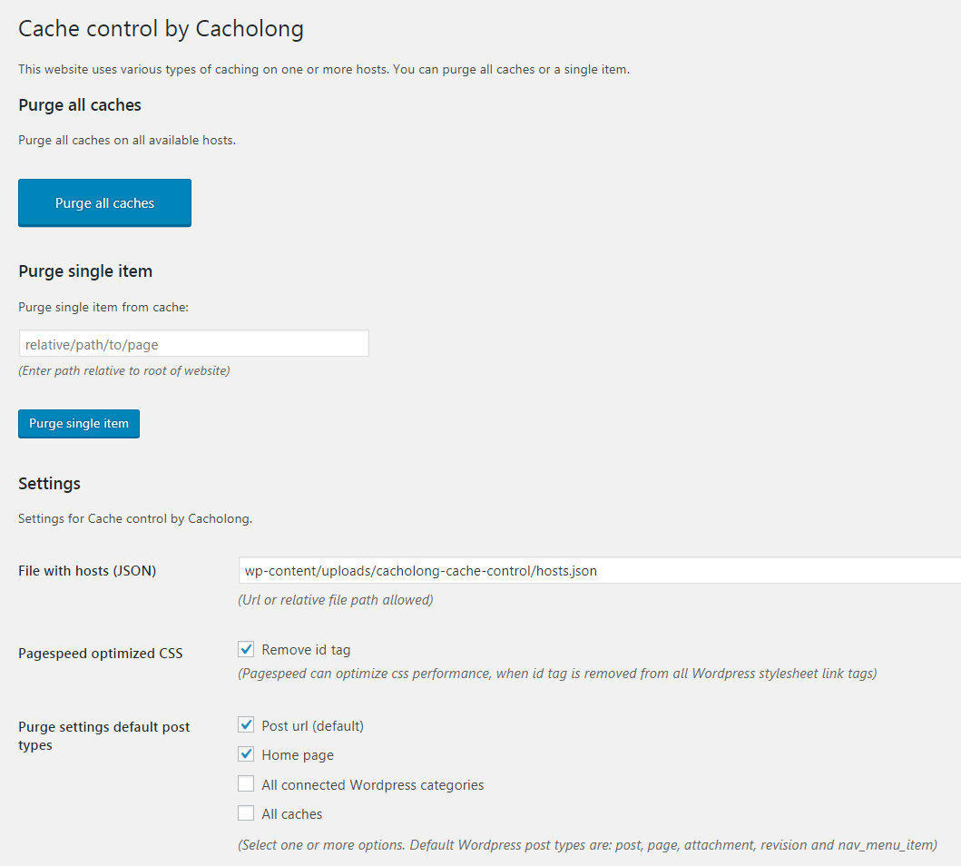 “Cache control by Cacholong" settings panel.