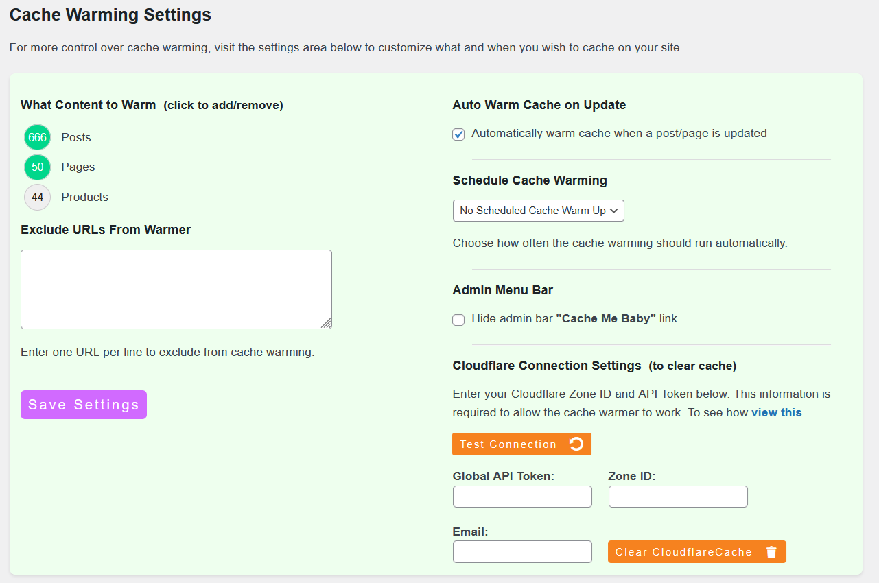 Detailed settings panel for customizing scheduling, Cloudflare integration, and processing options