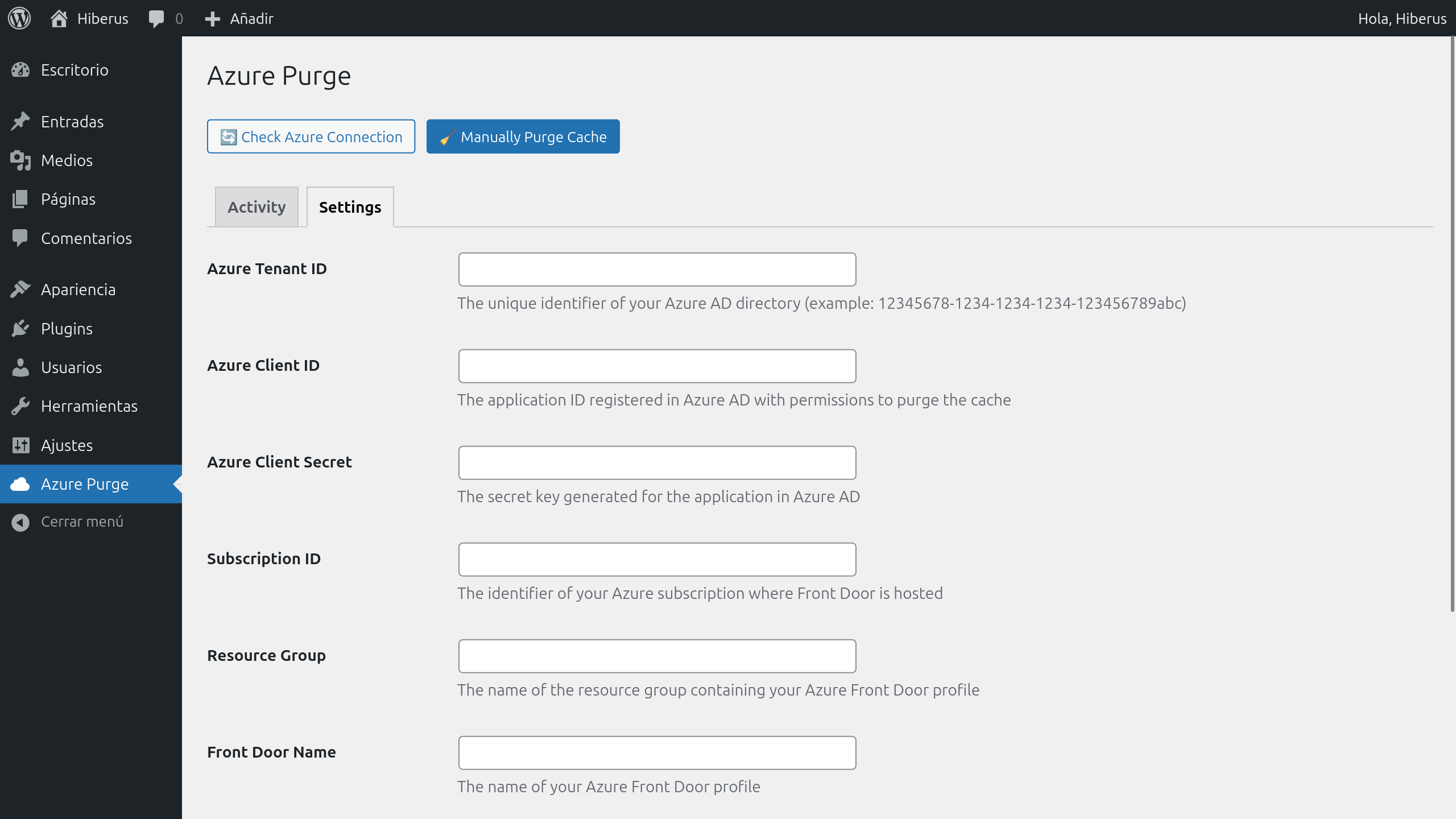 The Settings page where Azure credentials are securely stored.